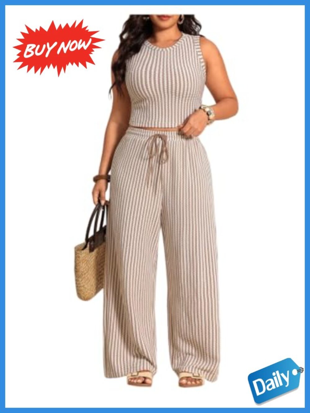 Plus Size 2 Piece Striped Tank & Wide Leg Pant Set Polyester